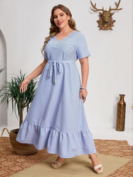 emery rose plus striped print belted ruffle hem dress g317#, Black
emery rose plus striped print belted ruffle hem dress g317#, Black