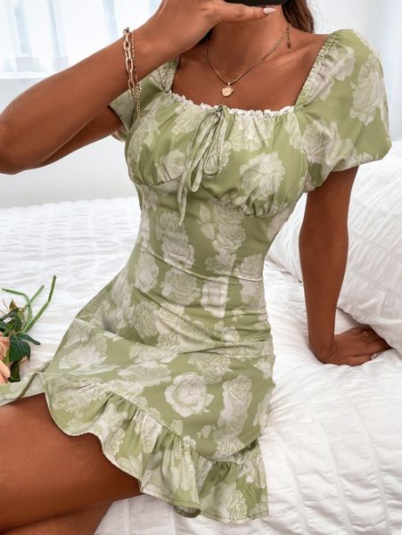 random floral print puff sleeve knot front ruffle hem dress h6uu#, Black;gray
random floral print puff sleeve knot front ruffle hem dress h6uu#, Black;gray