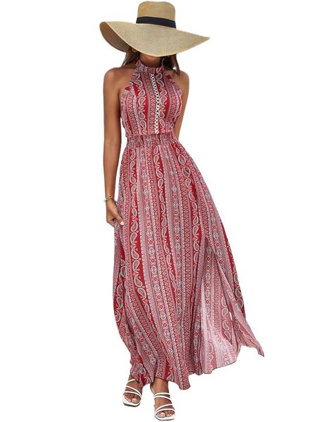 geo & paisley print tie backless shirred split thigh maxi halter dress o6np#, Black;gray
geo & paisley print tie backless shirred split thigh maxi halter dress o6np#, Black;gray