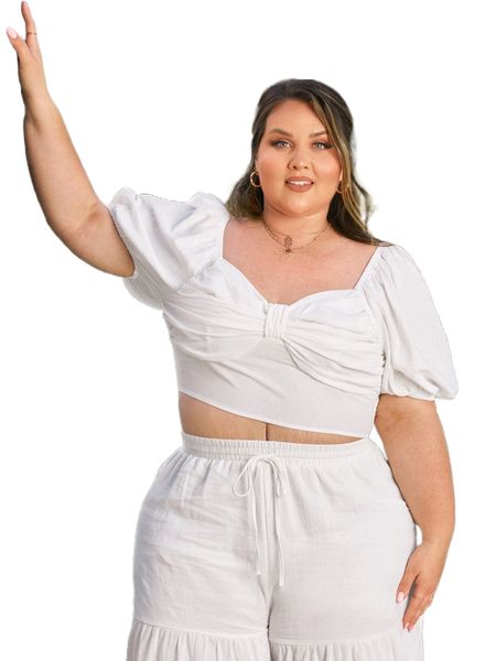 x srv plus ruched sweetheart neck puff sleeve shirred back crop blouse e6xc#, Black 
x srv plus ruched sweetheart neck puff sleeve shirred back crop blouse e6xc#, Black