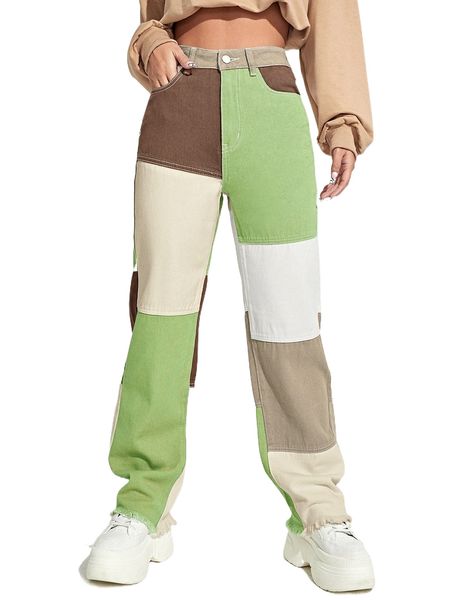 color block raw hem straight jeans p0ie#, Blue 
color block raw hem straight jeans p0ie#, Blue
