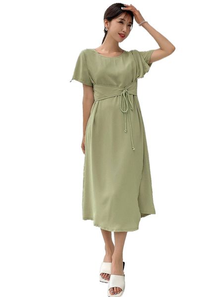 dazy petal sleeve eyelet detail knot front dress c93k#, Black;gray