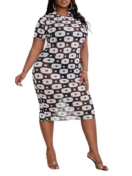 sxy plus allover geo print mesh bodycon dress without lingerie set u7rg#, Black