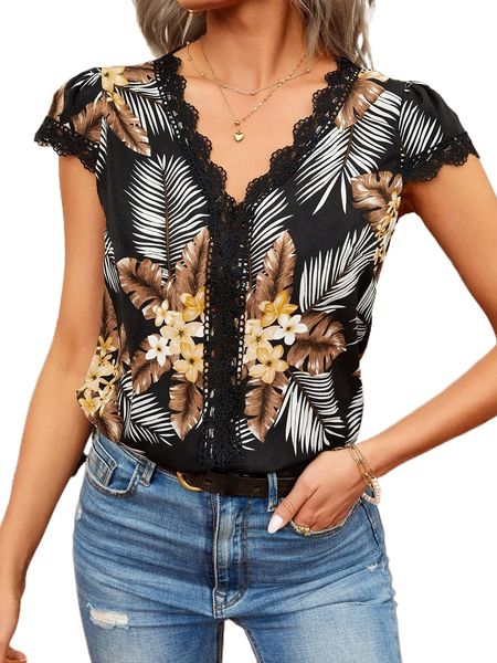 tropical print guipure lace trim puff sleeve blouse n1df#, White
tropical print guipure lace trim puff sleeve blouse n1df#, White