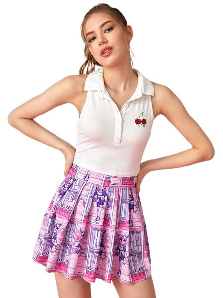 x oksana fedko embroidery cartoon cherry half button placket tank a0p4#, White