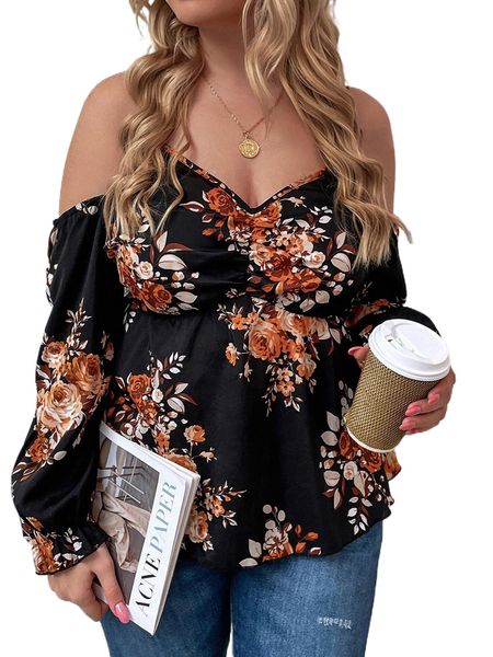 plus floral print cold shoulder flounce sleeve ruched peplum blouse n9of#, Black
plus floral print cold shoulder flounce sleeve ruched peplum blouse n9of#, Black