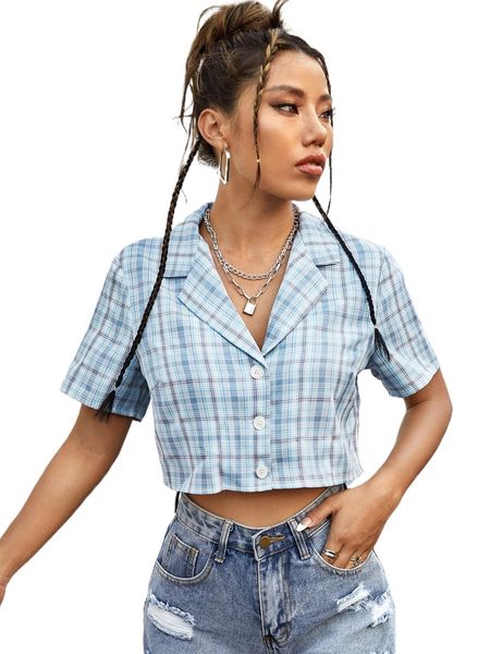 tartan lapel collar crop blouse c2wf#, White
tartan lapel collar crop blouse c2wf#, White