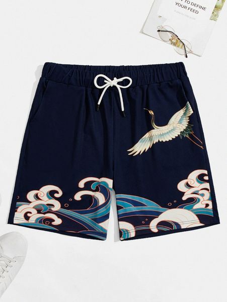 men crane & scroll print drawstring waist shorts 853g#, White;black