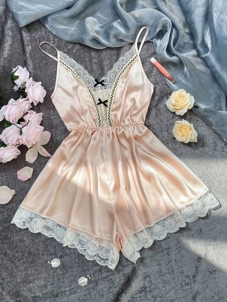 bow detail lace trim satin cami romper p7kk#, Black;red