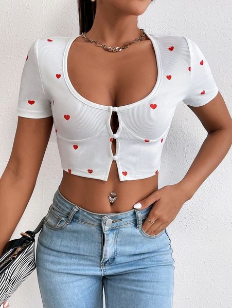 petite heart print crop bustier tee y76r#, White 
petite heart print crop bustier tee y76r#, White