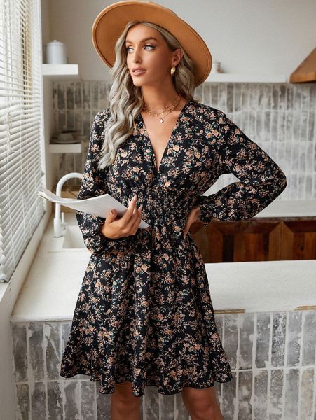 floral print lantern sleeve flounce cuff shirred waist ruffle hem dress 72ux#, Black;gray
floral print lantern sleeve flounce cuff shirred waist ruffle hem dress 72ux#, Black;gray