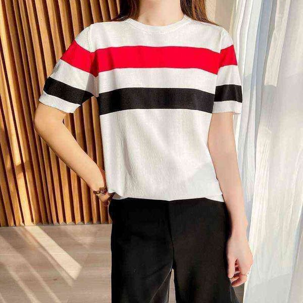 summer tb half sleeve women's classic college style contrast stripe hollowed out short sleeve ice silk knitted round neck t-shirt for s, White
summer tb half sleeve women's classic college style contrast stripe hollowed out short sleeve ice silk knitted round neck t-shirt for s, White
