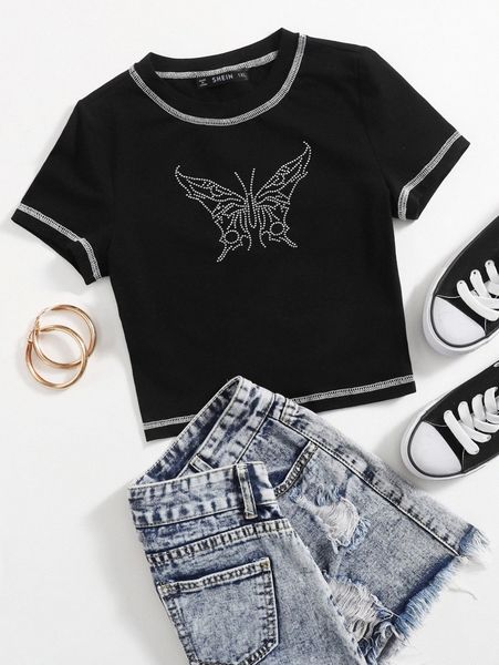 plus rhinestone butterfly pattern stitching tee x1kh#, Black