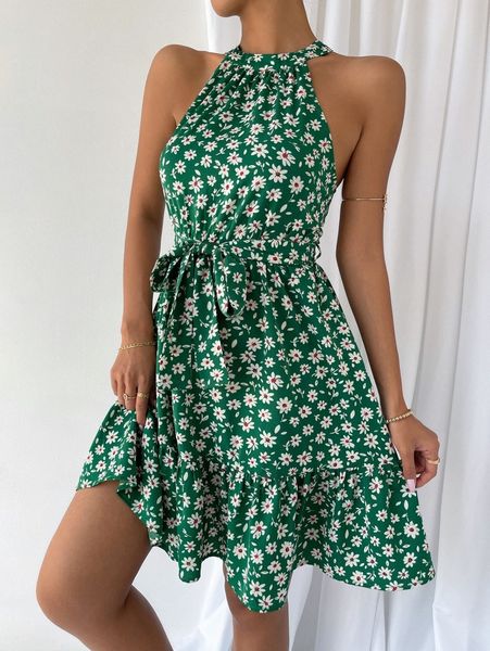 allover floral print ruffle hem belted dress 38cs#, Black;gray