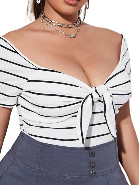 plus striped knot front sweetheart neckline tee g9fr#, Black 
plus striped knot front sweetheart neckline tee g9fr#, Black