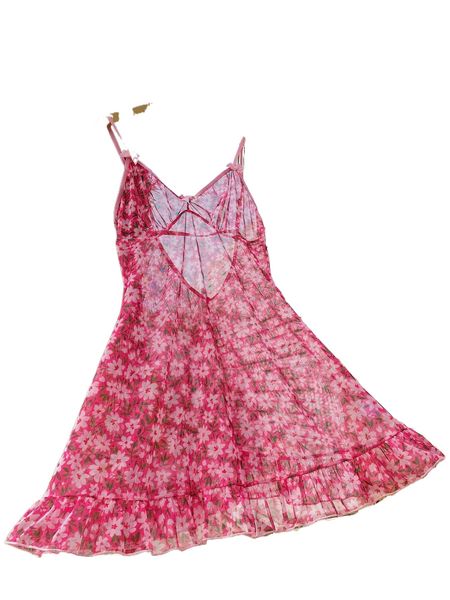 floral ruffle hem mesh slip dress s5bh#, Black;red