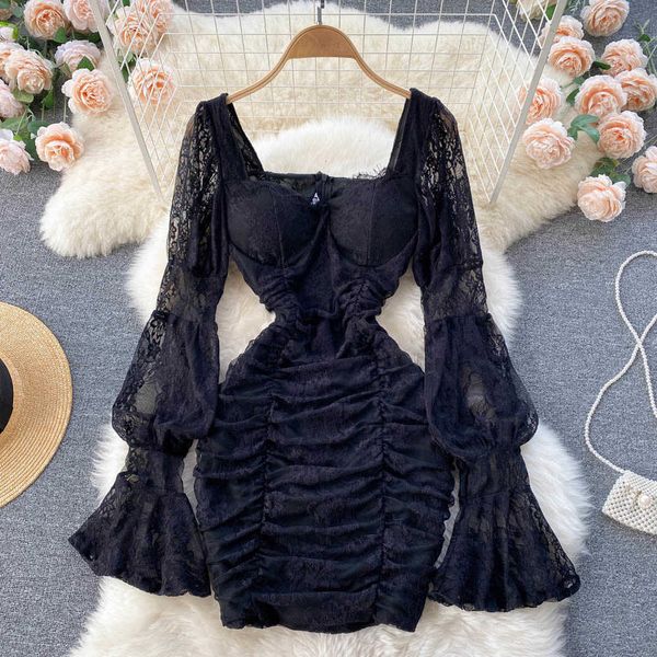 french elegant women floral lace fairy dress hollow out long flare sleeve padded square collar ruched mini party dress robe 2246e, Black;gray
french elegant women floral lace fairy dress hollow out long flare sleeve padded square collar ruched mini party dress robe 2246e, Black;gray