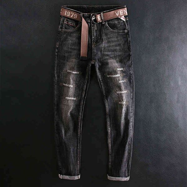 men's jeans high street fashion tattered men's jeans black gray washed micro elastic casual small straight youth pants la13, Blue
men's jeans high street fashion tattered men's jeans black gray washed micro elastic casual small straight youth pants la13, Blue
