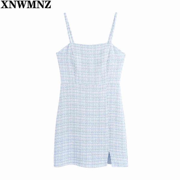 xnwmnz women fashion front slit hem tweed mini dress vintage textured backless zipper thin straps female dresses vestidos 210513, Black;gray
xnwmnz women fashion front slit hem tweed mini dress vintage textured backless zipper thin straps female dresses vestidos 210513, Black;gray