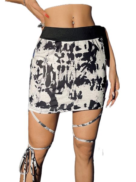 allover print crisscross knot front bodycon skirt s94a#, Black