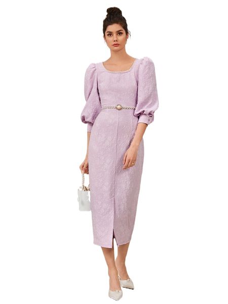 lantern sleeve split hem dress without belt f9em#, Black;gray