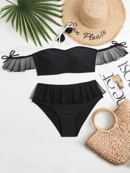 plus contrast mesh ruffle trim bikini swimsuit f6if#, White;black