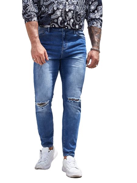 men bleach wash ripped skinny jeans i6vt#, Blue
