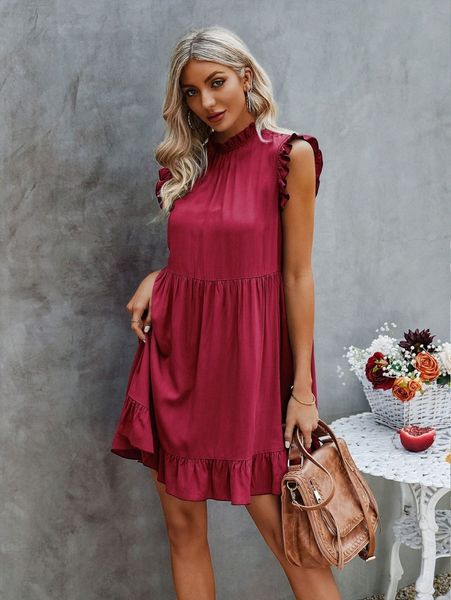 keyhole back ruffle hem smock dress w80f#, Black;gray 
keyhole back ruffle hem smock dress w80f#, Black;gray