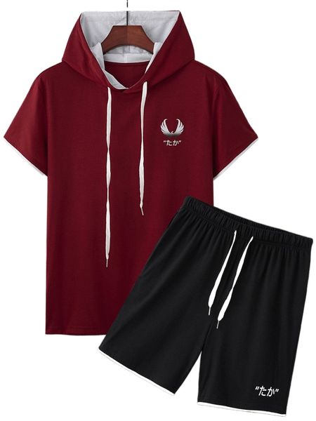 men japanese letter graphic drawstring hooded tee & track shorts n76t#, Gray
men japanese letter graphic drawstring hooded tee & track shorts n76t#, Gray