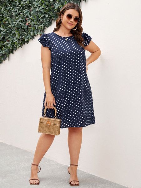plus polka dot print butterfly sleeve dress s5s4#, Black