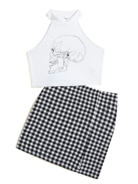 x cassi walsh skeleton print halter & gingham split hem skirt set 51rj#, White
x cassi walsh skeleton print halter & gingham split hem skirt set 51rj#, White