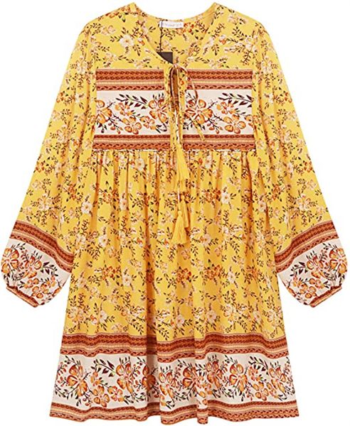 & tees women's long sleeve floral casual printed cotton mini waist dress, White