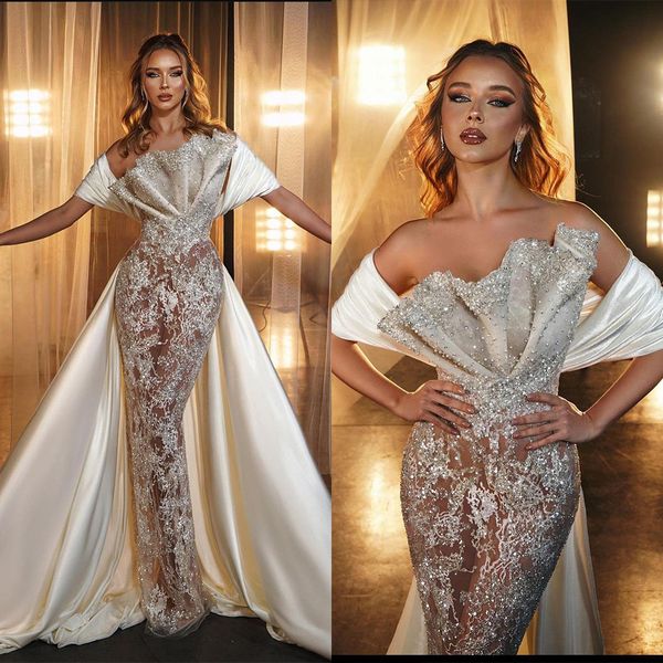 vintage crystal dubai mermaid wedding dress see through sheer neck off shoulder sequins lace bridal gowns, White
vintage crystal dubai mermaid wedding dress see through sheer neck off shoulder sequins lace bridal gowns, White