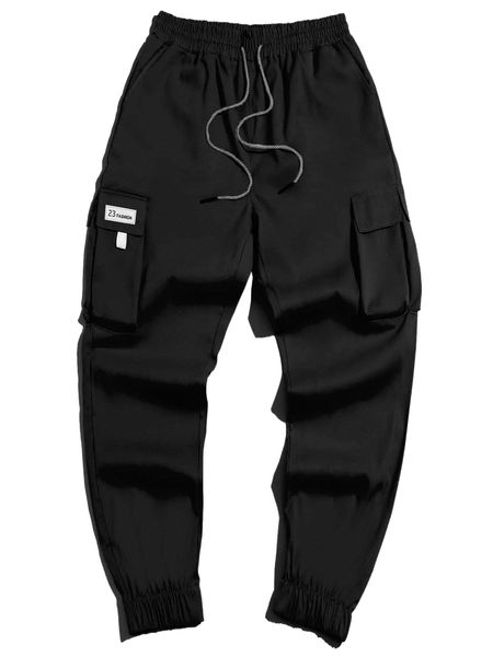 men flap pocket drawstring waist cargo pants e7sn#, Black