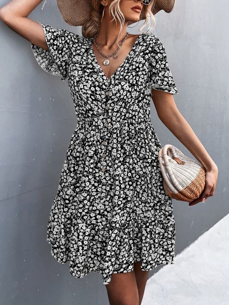 ditsy floral flutter sleeve button front ruffle hem dress b9e4#, Black;gray