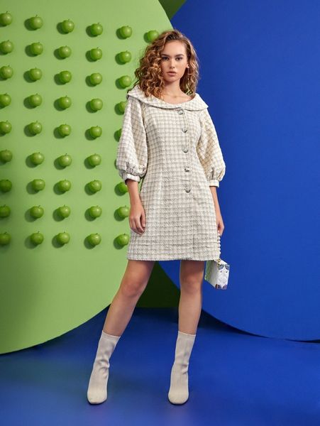 x wijdan plaid pattern lantern sleeve shawl collar tweed dress 12wr#, Black;gray 
x wijdan plaid pattern lantern sleeve shawl collar tweed dress 12wr#, Black;gray