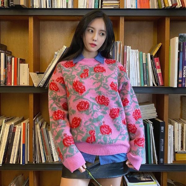 women's sweaters korean design sense park xiaomin rose color contrast pullover sweater lazy sweater, White;black
women's sweaters korean design sense park xiaomin rose color contrast pullover sweater lazy sweater, White;black