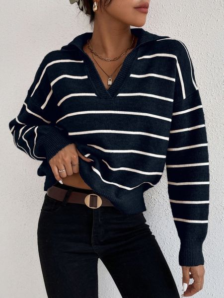 striped notched drop shoulder sweater j0rc#, White;black
striped notched drop shoulder sweater j0rc#, White;black