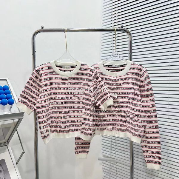 women's knits & tees 22s early spring miu letter full print stripe fashion french age reduction short round neck knitted sleeved women&, White
women's knits & tees 22s early spring miu letter full print stripe fashion french age reduction short round neck knitted sleeved women&, White