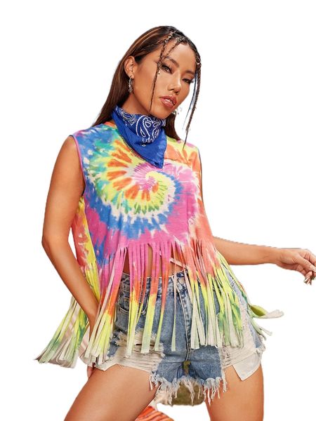 x thegypsygoddess spiral tie dye fringe hem tank 72iw#, White