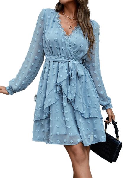 swiss dot guipure lace trim flounce sleeve ruffle hem belted chiffon dress j32h#, Black;gray
swiss dot guipure lace trim flounce sleeve ruffle hem belted chiffon dress j32h#, Black;gray