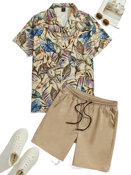 men tropical print shirt & drawstring waist shorts y9xv#, Gray