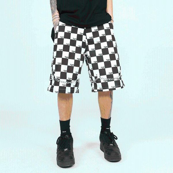 men's shorts summer black and white checkerboard men's punk high street metal decoration straight five sleeve personalized plaid p, White;black
men's shorts summer black and white checkerboard men's punk high street metal decoration straight five sleeve personalized plaid p, White;black