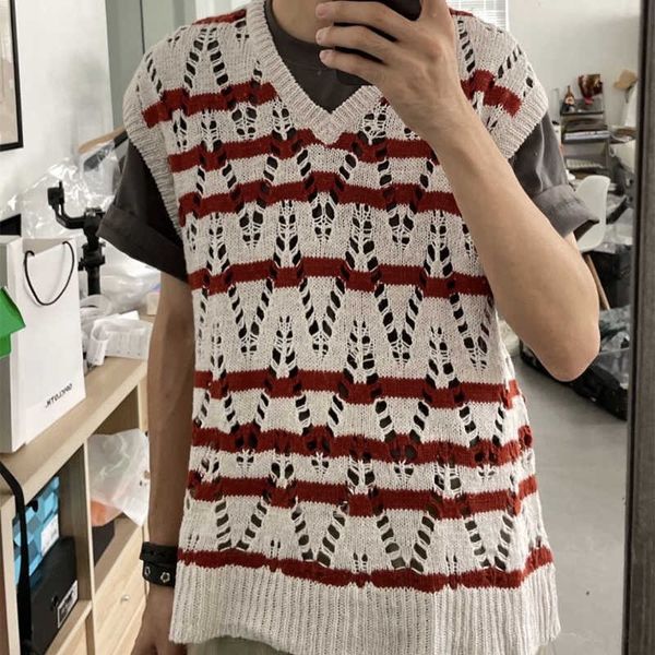 men' vests our legacy red and white striped sleeveless knit v-neck summer short thin vest hollow loose men and women, White;black
men' vests our legacy red and white striped sleeveless knit v-neck summer short thin vest hollow loose men and women, White;black