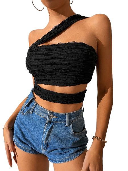 tall one shoulder cut out crop w9tk#, White