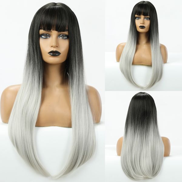 long mix black & gray straight middle part ombre with bangs middle hair wigs, Black;brown
long mix black & gray straight middle part ombre with bangs middle hair wigs, Black;brown