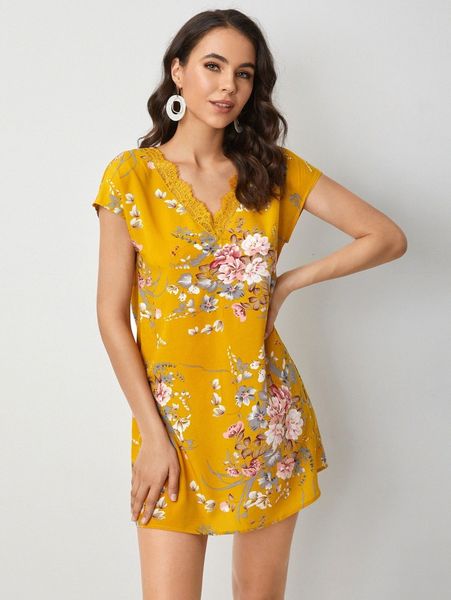 floral print lace trim batwing sleeve tunic dress k7hz#, Black;gray
