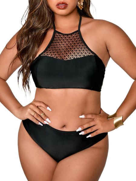 plus hollow out tie back halter bikini swimsuit 84vj#, White;black