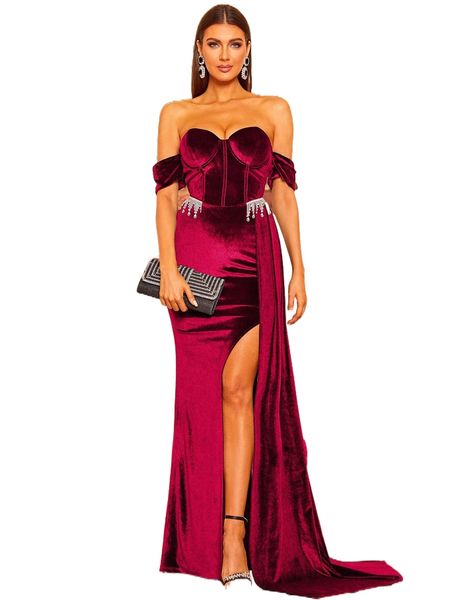 missord off shoulder split thigh velvet prom dress u6kd#, Black;gray 
missord off shoulder split thigh velvet prom dress u6kd#, Black;gray