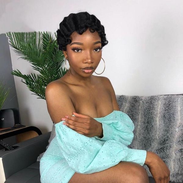 short pixie cut wigs human hair for black women machine made wig brazilian finger wave wig, Black;brown
short pixie cut wigs human hair for black women machine made wig brazilian finger wave wig, Black;brown